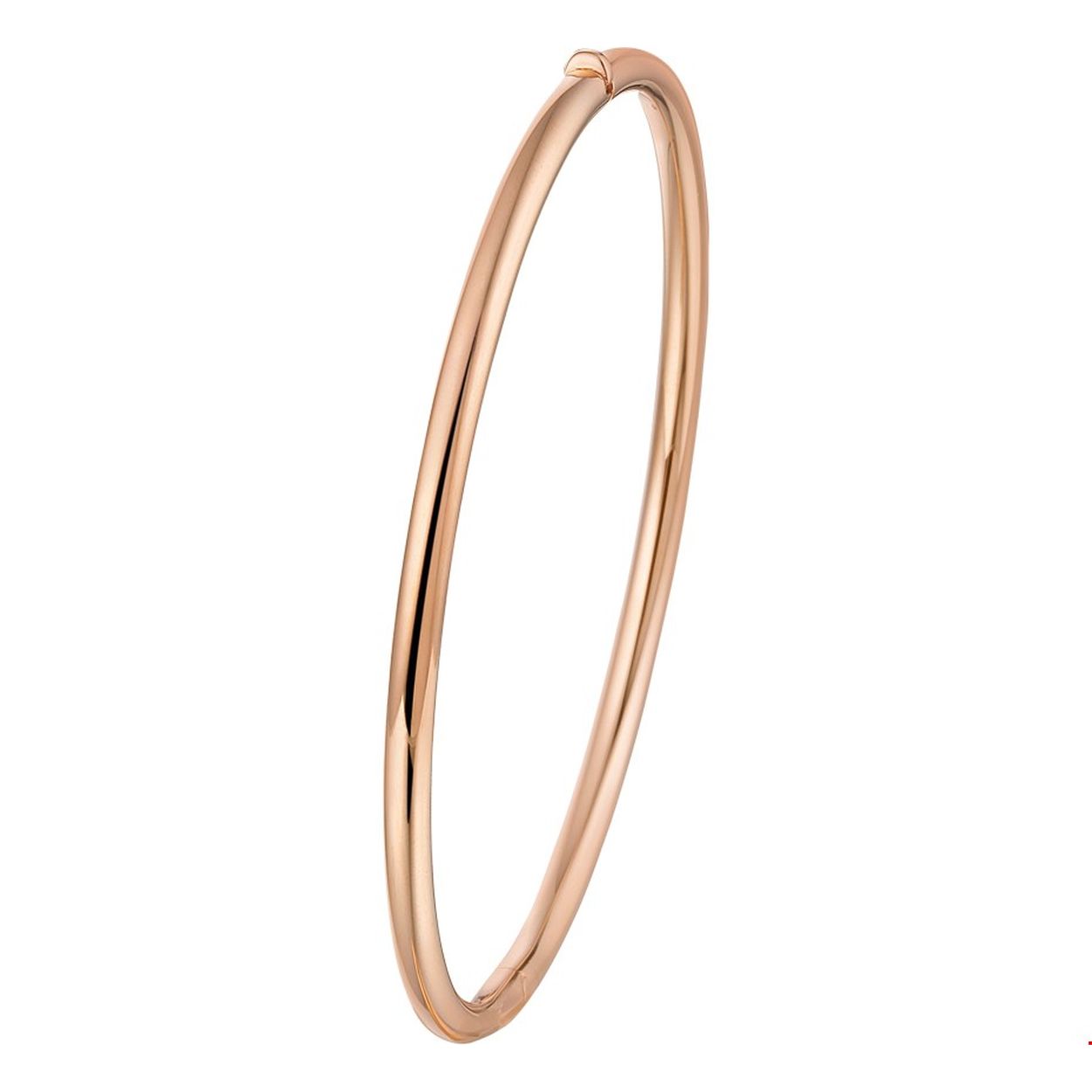 Rosegouden Bangle armband met een ronde buis en een stevige scharnier sluiting. De Bangle armband heeft een diameter van 60mm en een breedte van 3mm.