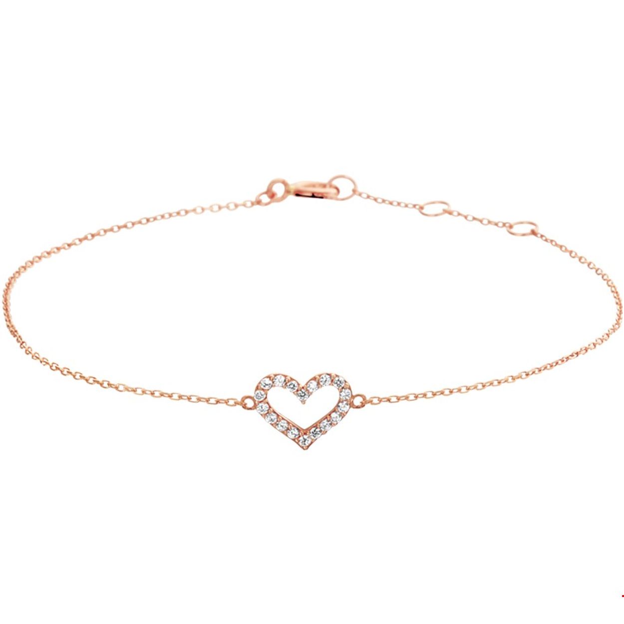 Rosegouden armband met hart en zirkonia. De armband heeft draaglengtes van 16.5 17.5 en 18.5cm. De schakelbreedte is 0.8mm.