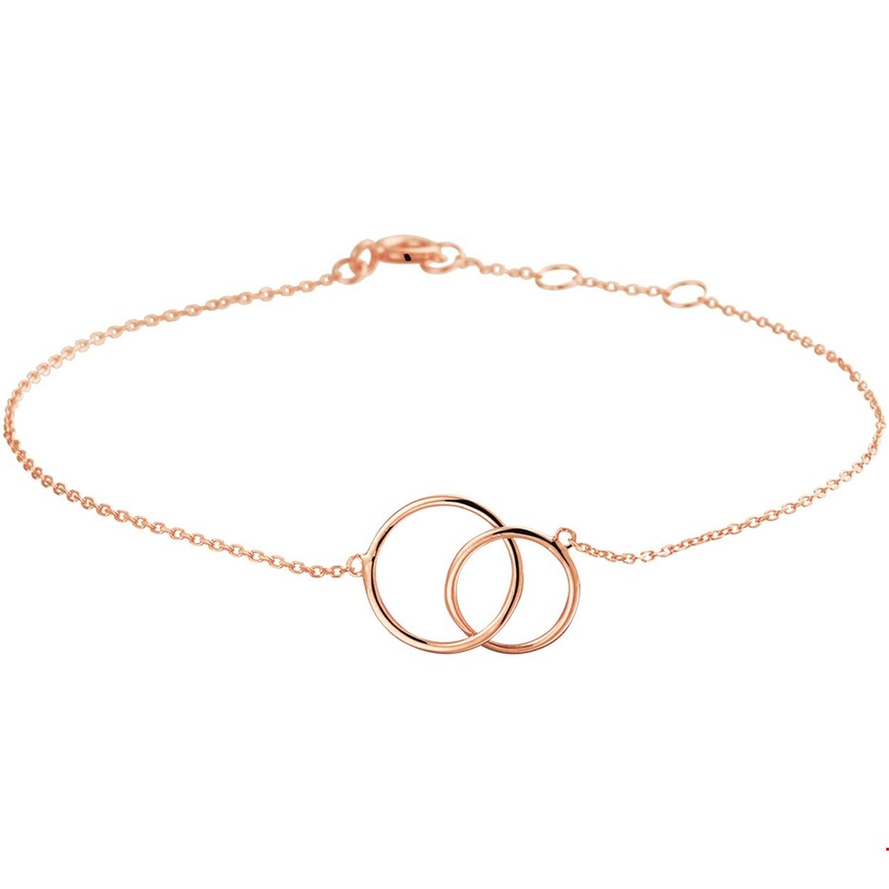 14k Rosegouden armband met open rondjes van 8.5 en 10mm. De armband heeft een schakelbreedte van 0.8mm en draaglengtes van 16.5, 17.5 en 18.5cm. De schakelbreedte is 0.8mm.