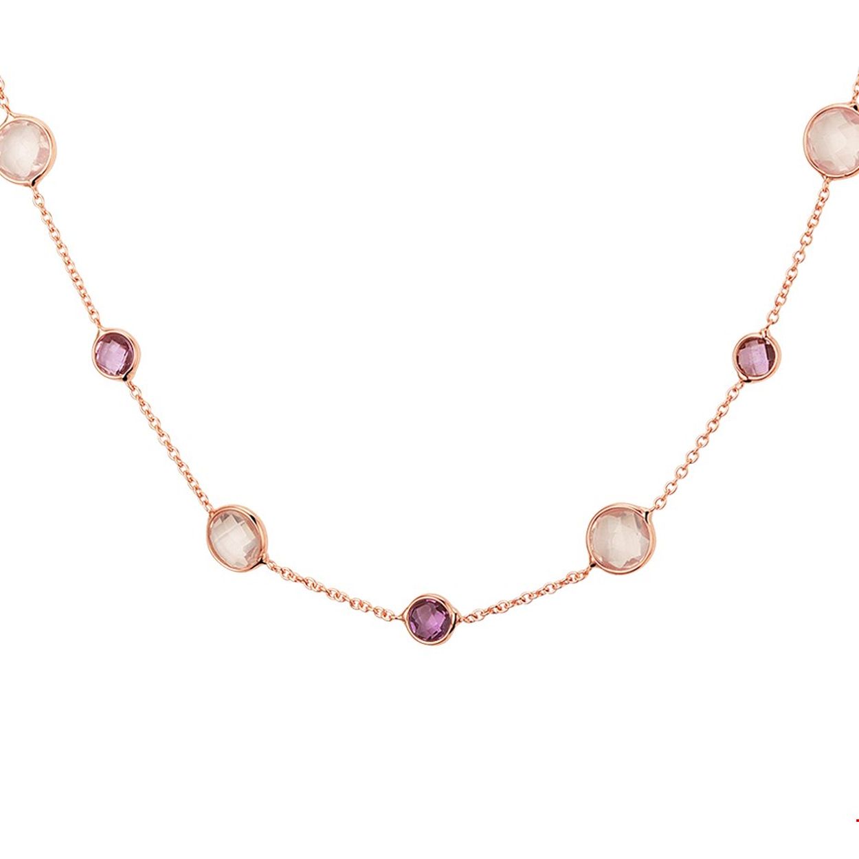 Beschrijving: Stijlvol trendy roseouden 1.2mm anker collier met een draaglengtes van 41cm 43cm en 45cm uitgevoerd met poli rondjes rose kwarts en amethyst in een zetkast van 6.8mm. De frisse kleur en 2 kleuren sprankelend blauw geven dit sieraad een unieke eigentijdse look.
Verpakt per: 1
Doelgroep: dames
Kortste lengte: 41 mm
Langste lengte: 54 mm