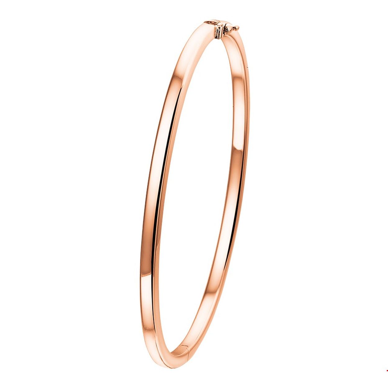 Rosegouden bangle met een diameter van 61mm uitgevoerd met een 3mm vlakke buis en stevige scharnier sluiting. Door het strakke design is deze bangle gemakkelijk te combineren met andere sieraden.