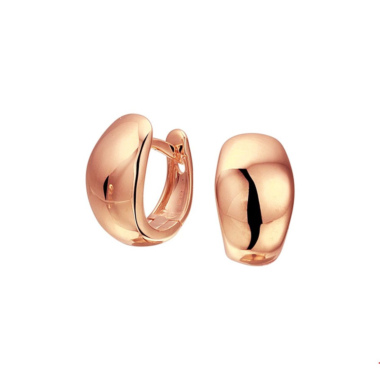 Chique rosegouden klapoorringen met een afmeting van 11.5x7mm uitgevoerd met een stevige scharnier sluiting. De sierlijke vorm met zijn prachtige rondingen zorgen voor een luxe uitstraling. Deze klapoorringen zullen uw outfit een betoverende uitstraling geven.
