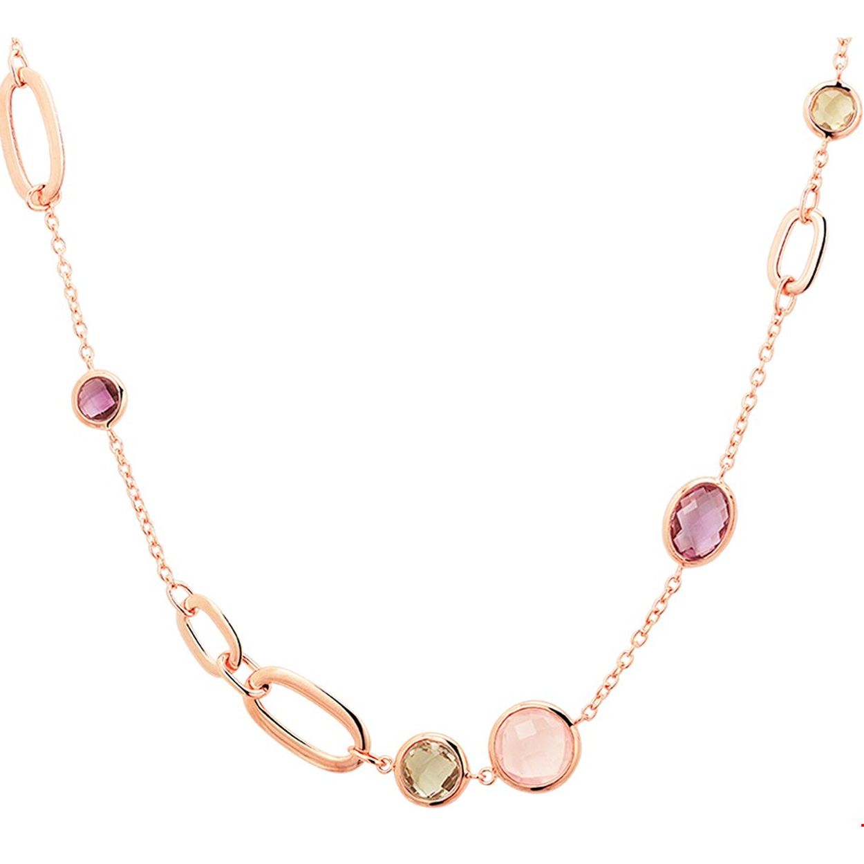 Beschrijving: Stijlvol rosegouden 2mm anker collier met draaglengtes van 42 en 45cm uitgevoerd met amethyst, prasiolite, roze kwarts en prenite. Het collier is te combineren met bijpassende sieraden uit onze collectie. De uniek geslepen stenen en de verschillende kleuren hiervan geven het sieraad een glamorous look!.
Verpakt per: 1
Doelgroep: dames
Kortste lengte: 42 mm
Langste lengte: 45 mm