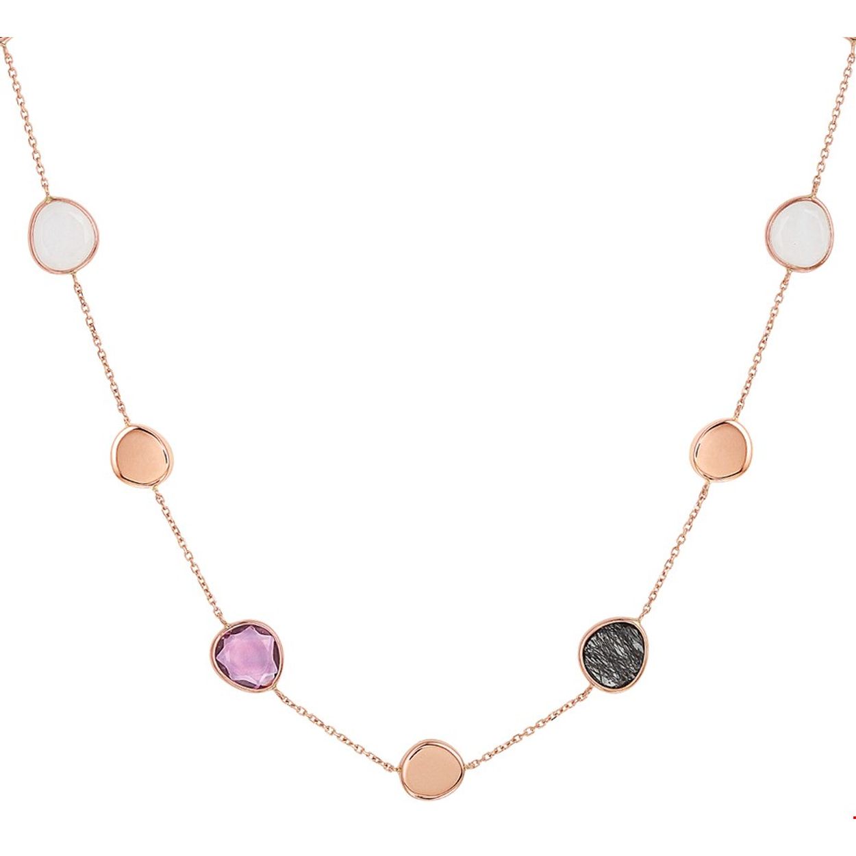 Stijlvol rosegouden 1mm anker collier met draaglengtes van 42 en 45cm. Uitgevoerd met schitterende wit kwarts - zwart rutiel en amethyst. De uniek geslepen stenen met hun verschillende kleuren maken dit sieraad tot een ware eyecatcher! Het collier heeft een karabijn sluiting en is te combineren met bijpassende sieraden uit onze collectie.