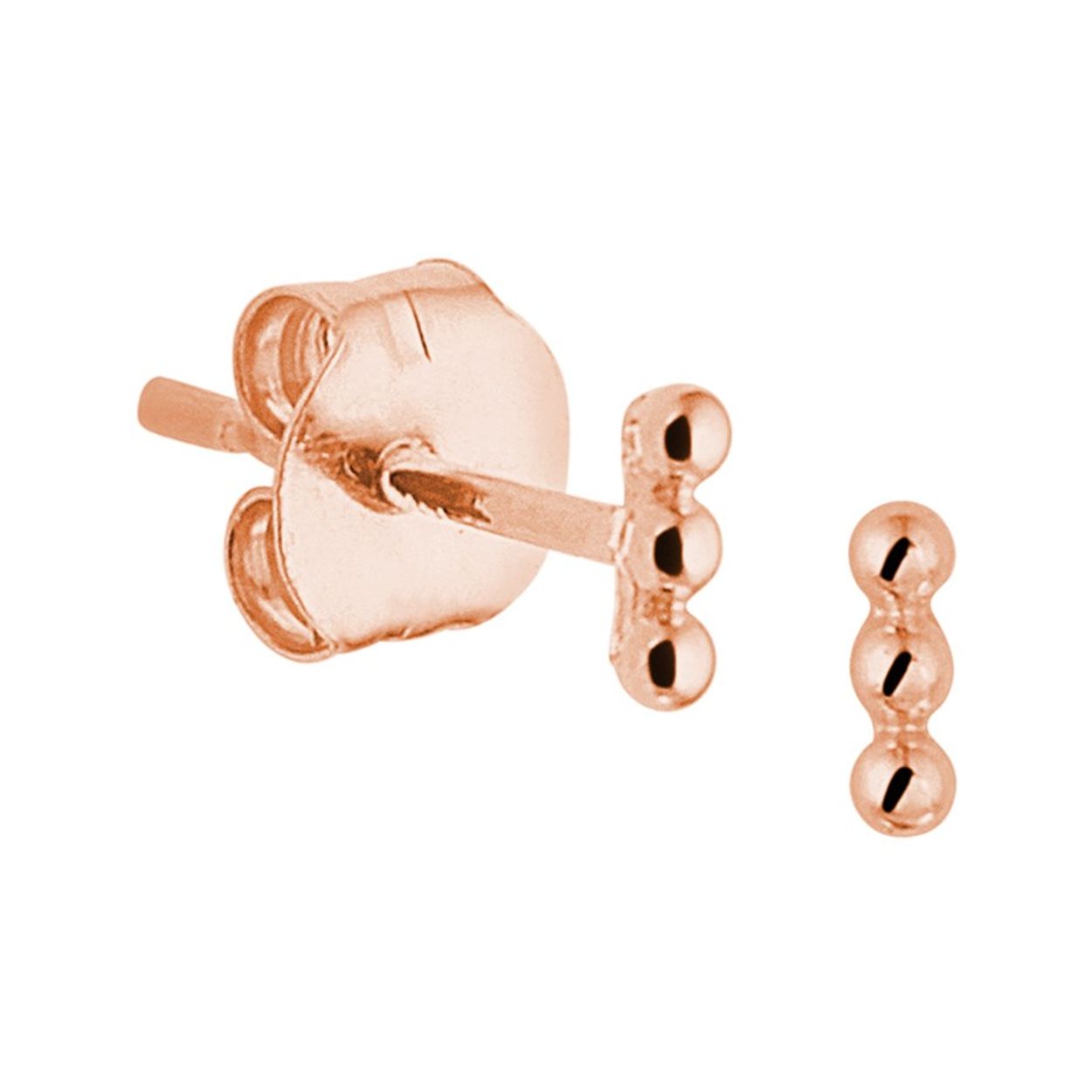 Rosegouden oorknoppen met 3 bolletjes met een totale afmeting van 4x1.5mm uitgevoerd met een stevige poussette sluiting. Tip! Mix & match deze bolletjes oorknoppen met andere minimalistische sieraden.