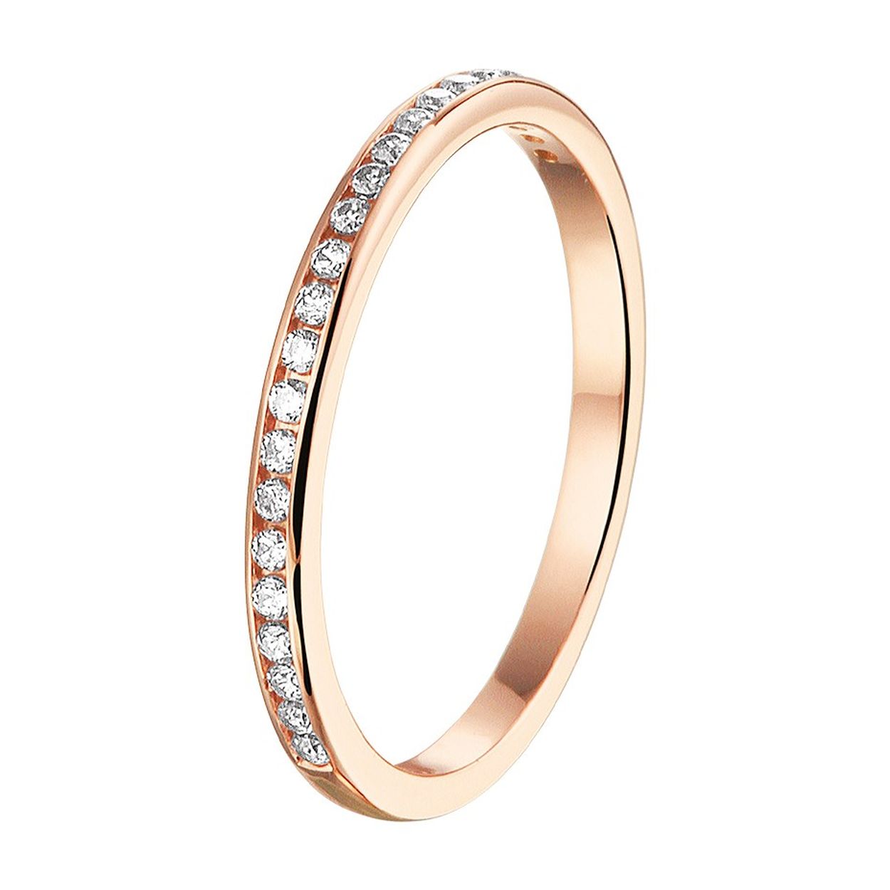 Stijlvolle rosegouden aanschuifring met een schitterende rij van zirkonia en een poli afwerking. Tip: Combineer deze ring met andere aanschuifringen voor een subtiele en elegante look.