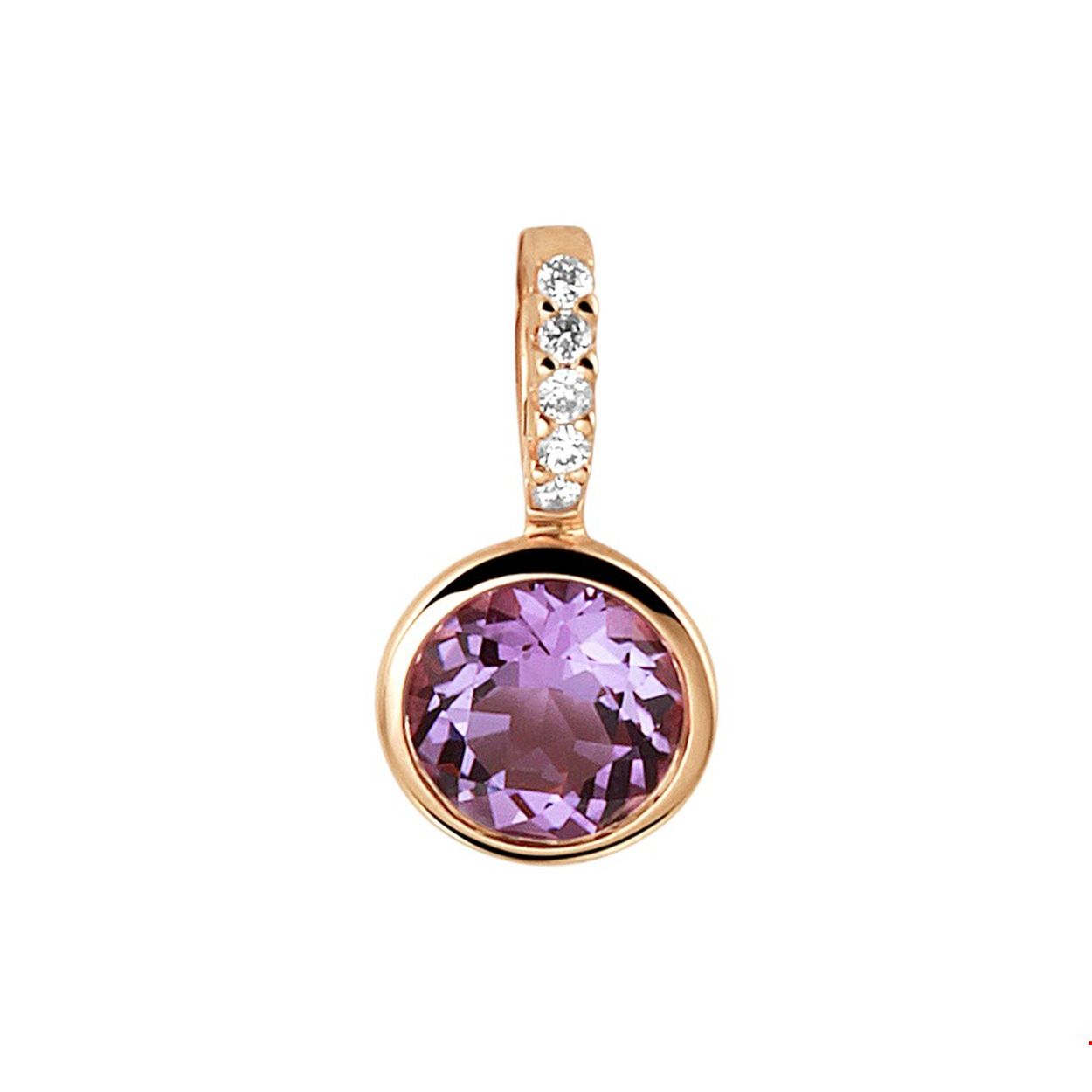 Beschrijving: 14k Rosegouden hanger uitgevoerd met schitterende amethyst en een diamant rij. De hanger heeft een totale hoogte van 11.5mm.