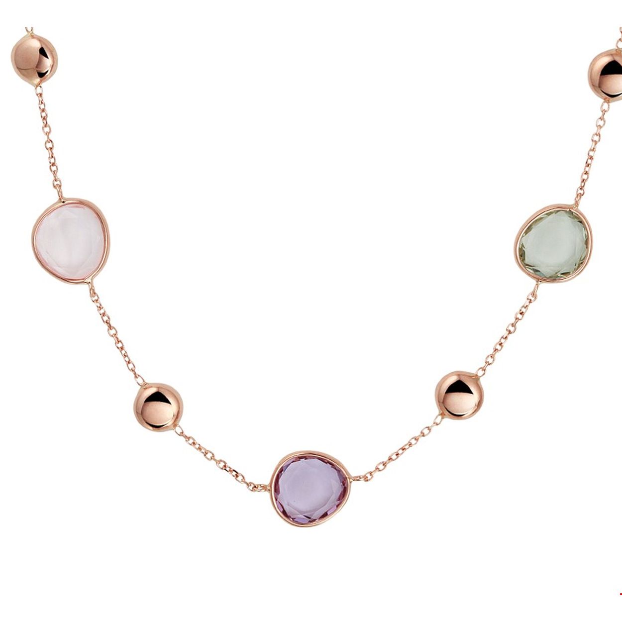 Beschrijving: 14k Rosegouden collier met schitterende edelstenen zoals: groen amethyst, amethyst, wit jade en roze kwarts. Het collier heeft draaglengtes van 43 en 46cm. Uitgevoerd met een karabijn sluiting.