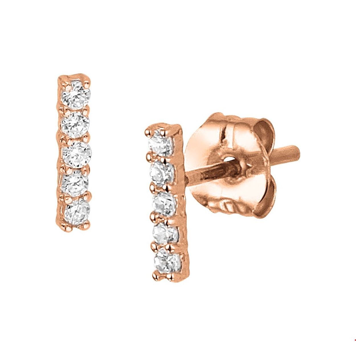 Een goede garderobe begint bij de basis en hetzelfde geldt voor een tijdloze sieradencollectie! Rosegouden oorknoppen in de vorm van een balkje uitgevoerd met een rij van heldere zirkonia. De oorknoppen hebben een afmeting van 7x1,5mm.