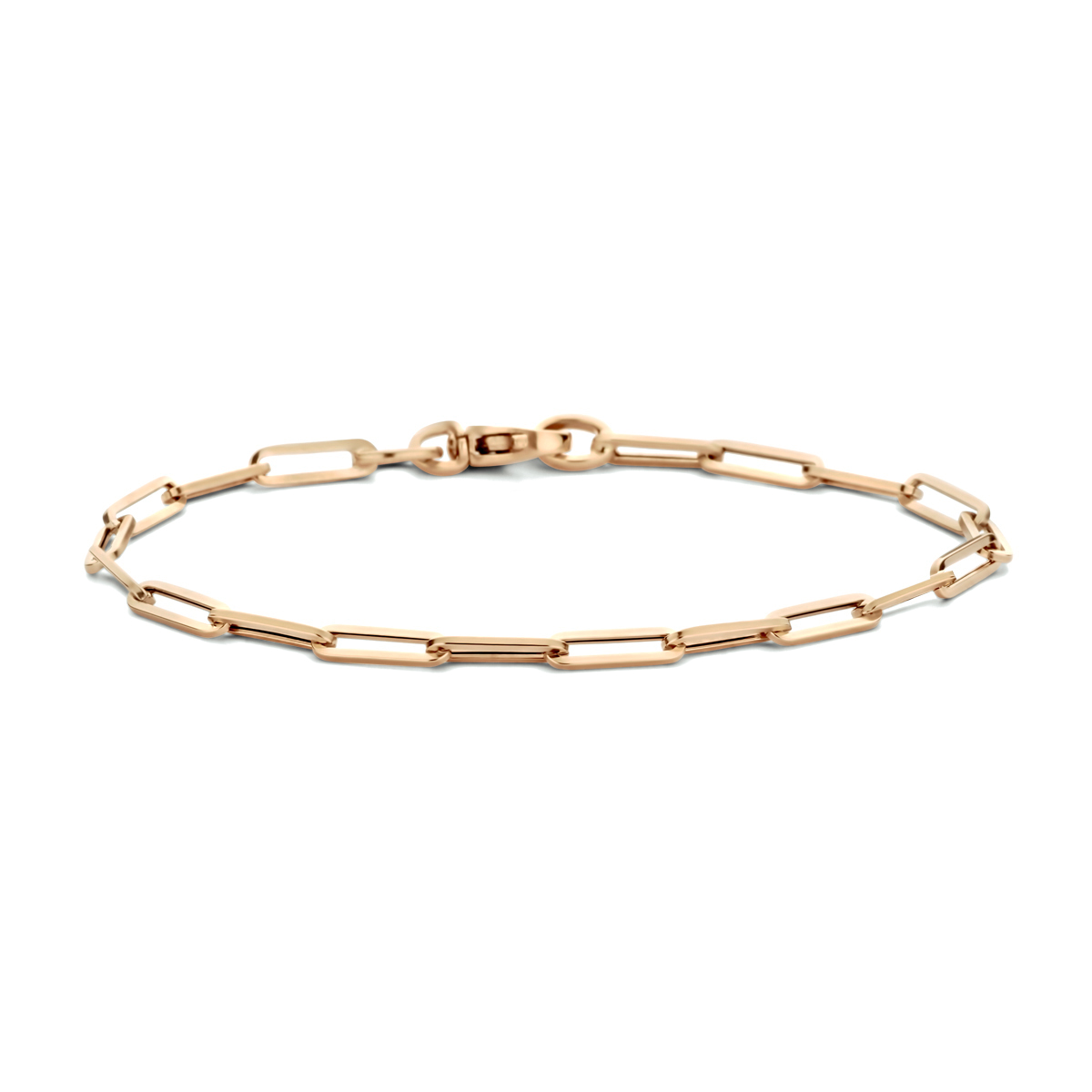 14k Rosegouden armband uitgevoerd met een paperclip schakel met een breedte van 3mm. De armband heeft een draaglengte van 18cm en een stevige karabijn sluiting.