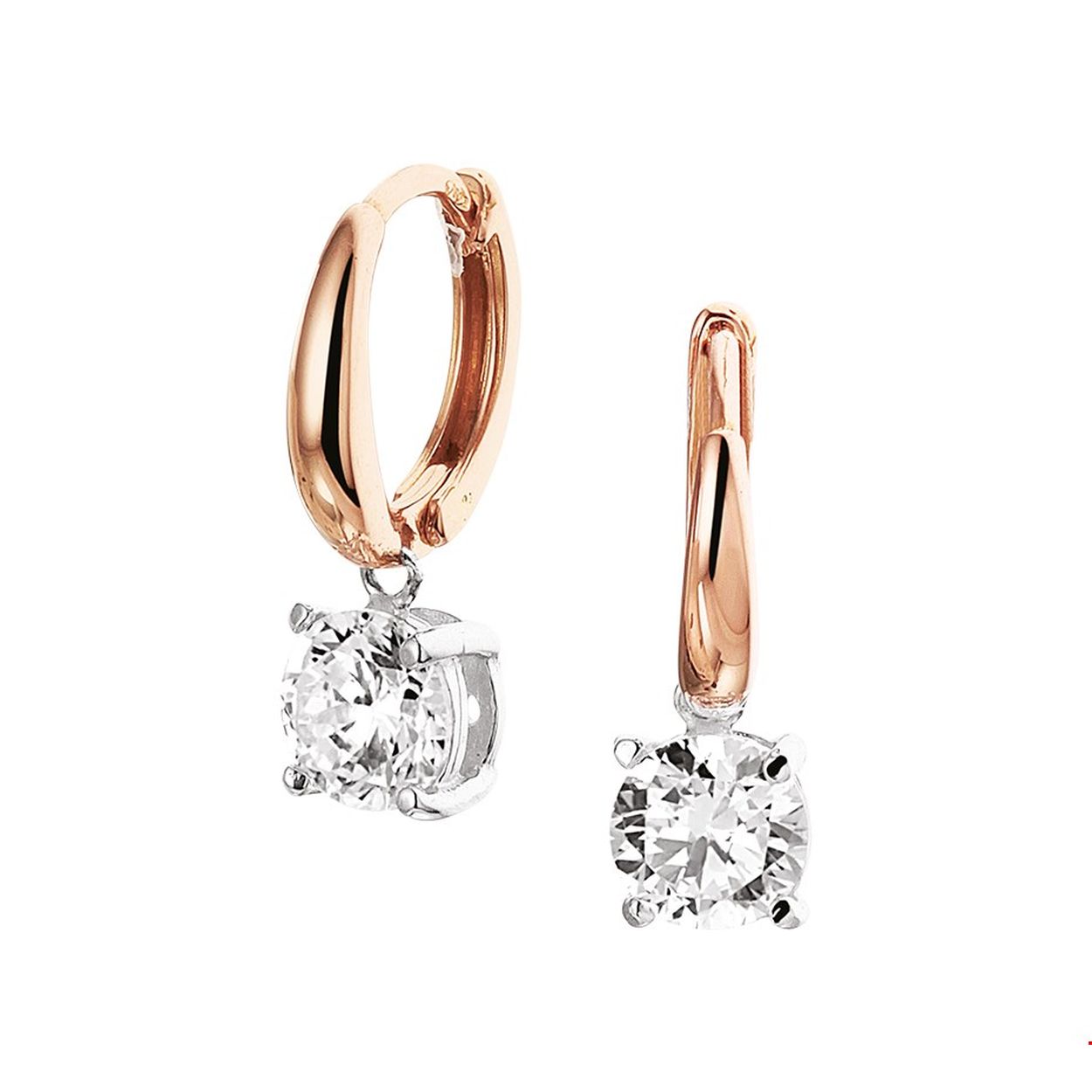 Stijlvolle bicolor rose- en witgouden klapcreolen met een totale hoogte van 19mm. Uitgevoerd met een schitterende zirkonia hanger. De klapcreolen hebben een afmeting van 12x2.4mm.