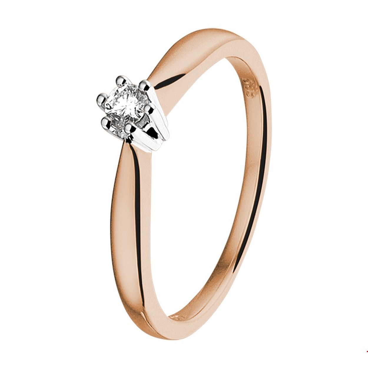 Elegante bicolor wit- en rosegouden ring met een breedte van 4mm uitgevoerd met een briljant geslepen solitaire diamant van 0.08ct. in een chaton zetting. De ring is perfect te combineren met andere sieraden uit onze collectie of uit je eigen stash. Tip: Diamonds are girls best friends. Een mooi kado voor een geliefde of dierbare.