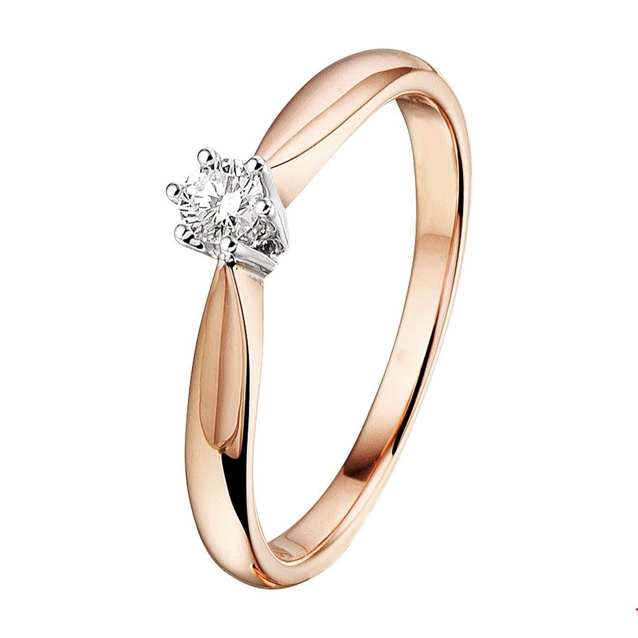 Elegante bicolor wit- en rosegouden ring met een breedte van 4mm uitgevoerd met een briljant geslepen solitaire diamant van 0.10ct. in een chaton zetting. De ring is perfect te combineren met andere sieraden uit onze collectie of uit je eigen stash. Tip: Diamonds are girls best friends. Een mooi kado voor een geliefde of dierbare.