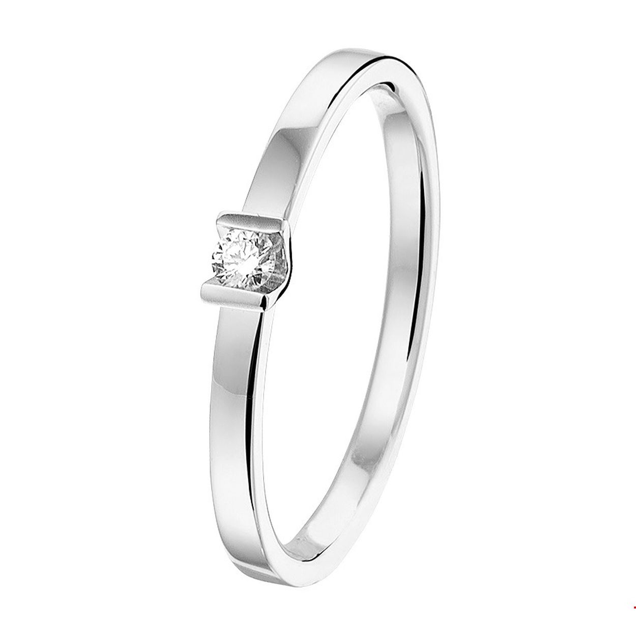 Chique ring in witgoud met een palladium legering van 2.5mm breed uitgevoerd met een luxe ingespannen briljant geslepen diamant 0.05ct. De ring heeft een tijdloze elegantie in 14K witgoud en een sprankelende ingespannen diamant.