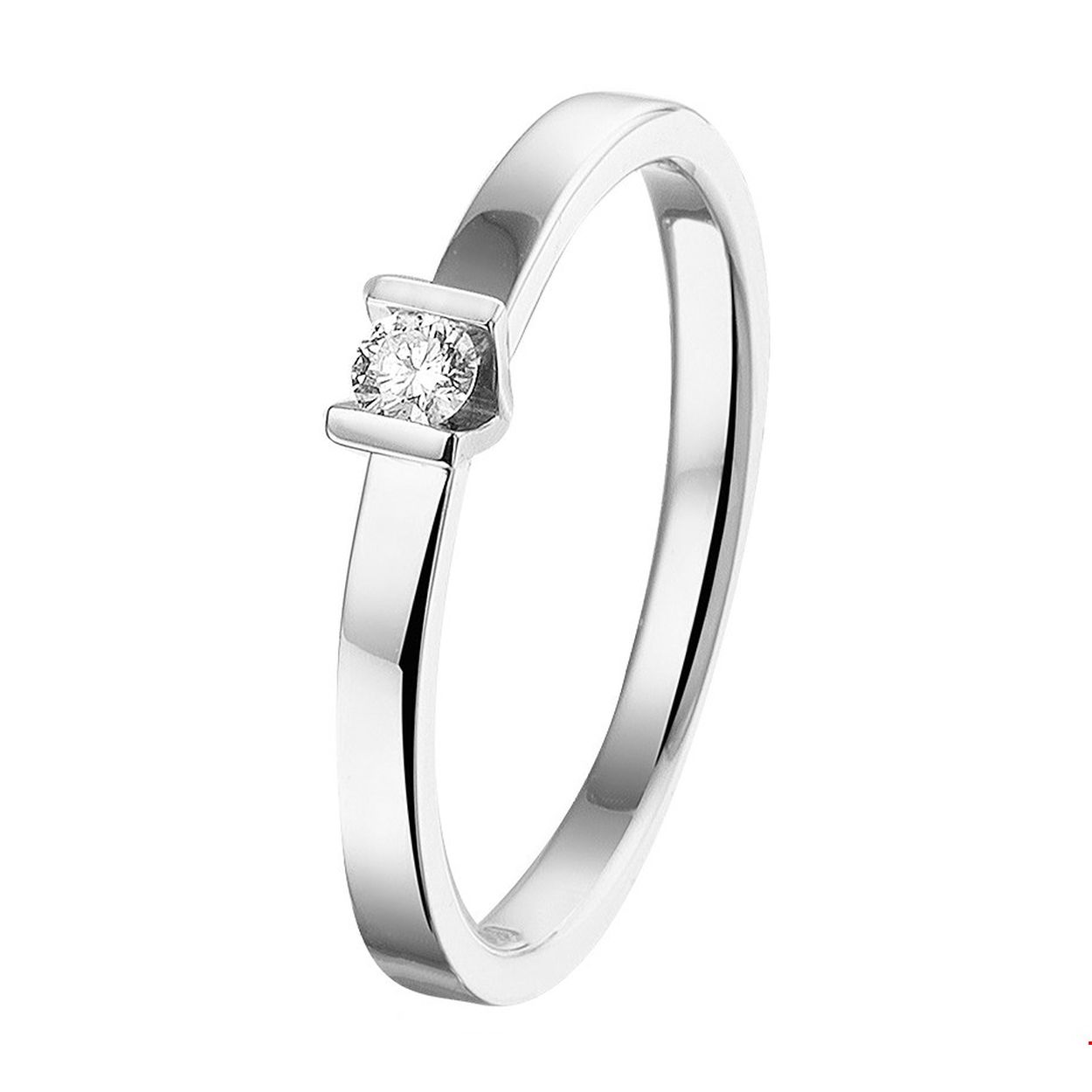 Ring in witgoud met een palladium legering van 3mm breed uitgevoerd met een luxe ingespannen briljant geslepen diamant 0.075ct.