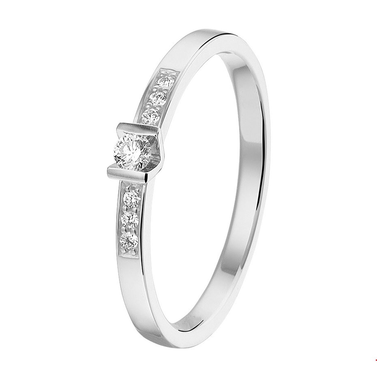 Chique ring in witgoud met een palladium legering van 2.5mm breed uitgevoerd met een luxe ingespannen briljant geslepen diamant 0.085ct. De ring heeft een tijdloze elegantie in 14K witgoud en een sprankelende ingespannen diamant.