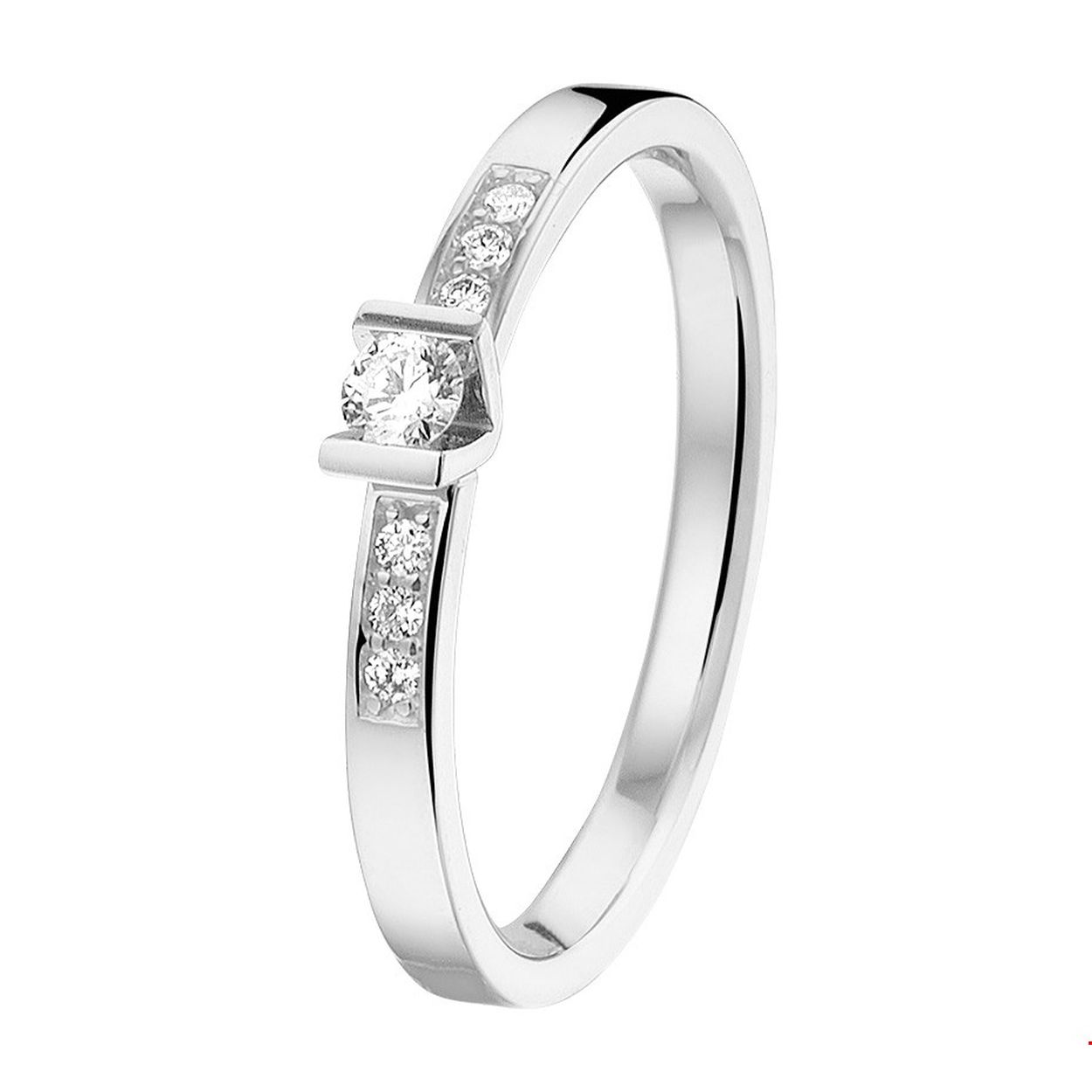Chique ring in witgoud met een palladium legering van 3mm breed uitgevoerd met een luxe ingespannen briljant geslepen diamant 0.12ct. De ring heeft een tijdloze elegantie in 14K witgoud en een sprankelende ingespannen diamant.