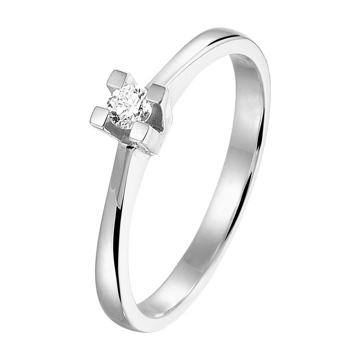 Beschrijving: Luxe ring in witgoud met een palladium legering met een breedte van 4mm uitgevoerd met een briljant geslepen diamant van 0.10ct. Tip: Perfect kado voor dierbare of geliefde! Diamonds are girls best friend!