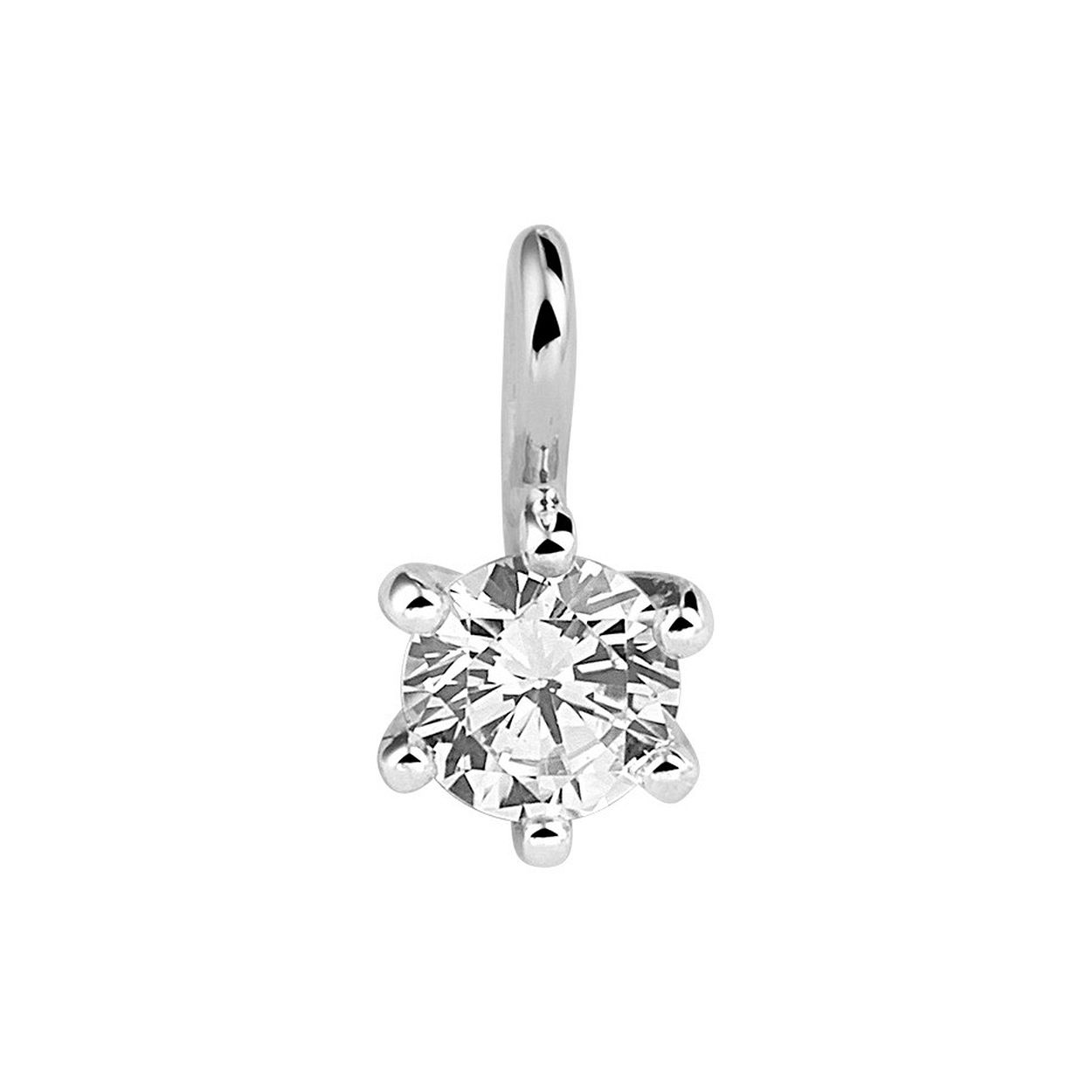 Klassieke 6-poots solitaire hanger, gezet met een +/- 0,25 ct F/Vs1 Made Diamond. Made Diamonds zijn diamanten die ontstaan in een laboratorium. Onder extreem hoge druk en temperatuur wordt het natuurlijk ontstaansproces nagebootst met als eindresultaat een diamant met dezelfde chemische eigenschappen maar met een andere oorsprong. Deze diamanten vallen in een reeks van steengrootten vari�rend tussen de 0,23 ct en 0,29 ct.