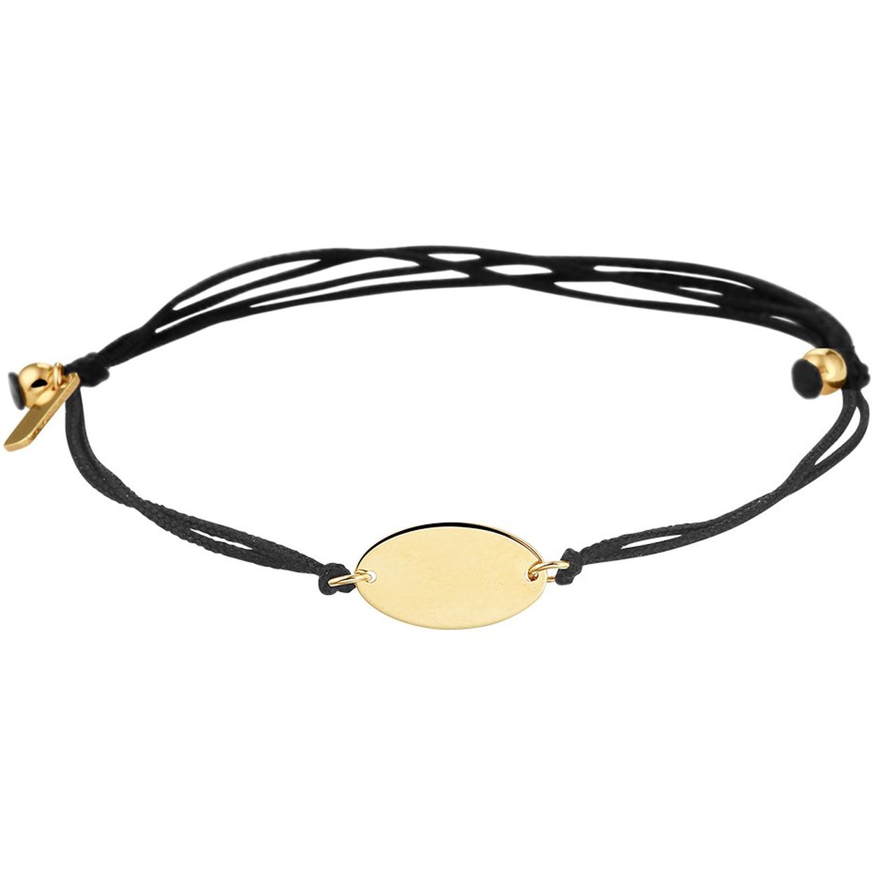 Zwart gevlochten armband met 14k geelgouden elementen. De armband is verstelbaar van 13 tot 19cm. Het plaatje heeft een afmeting van 6.5x11.5mm.