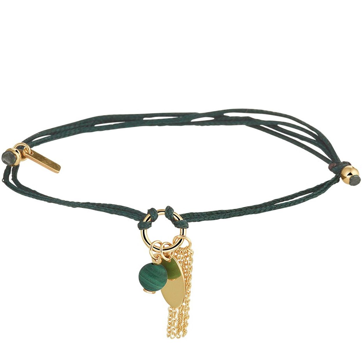 Groen gevlochten armband met 14k geelgouden elementen. De armband is verstelbaar van 13 tot 19cm. De malachiet heeft een steenmaat van 4.5mm.