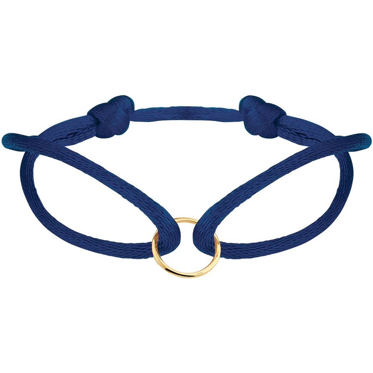 Donkerblauw gevlochten armband uitgevoerd met een 14k geelgouden rondje. De armband heeft draaglengtes van 13 tot 26cm. Het rondje heeft een diameter van 10mm.