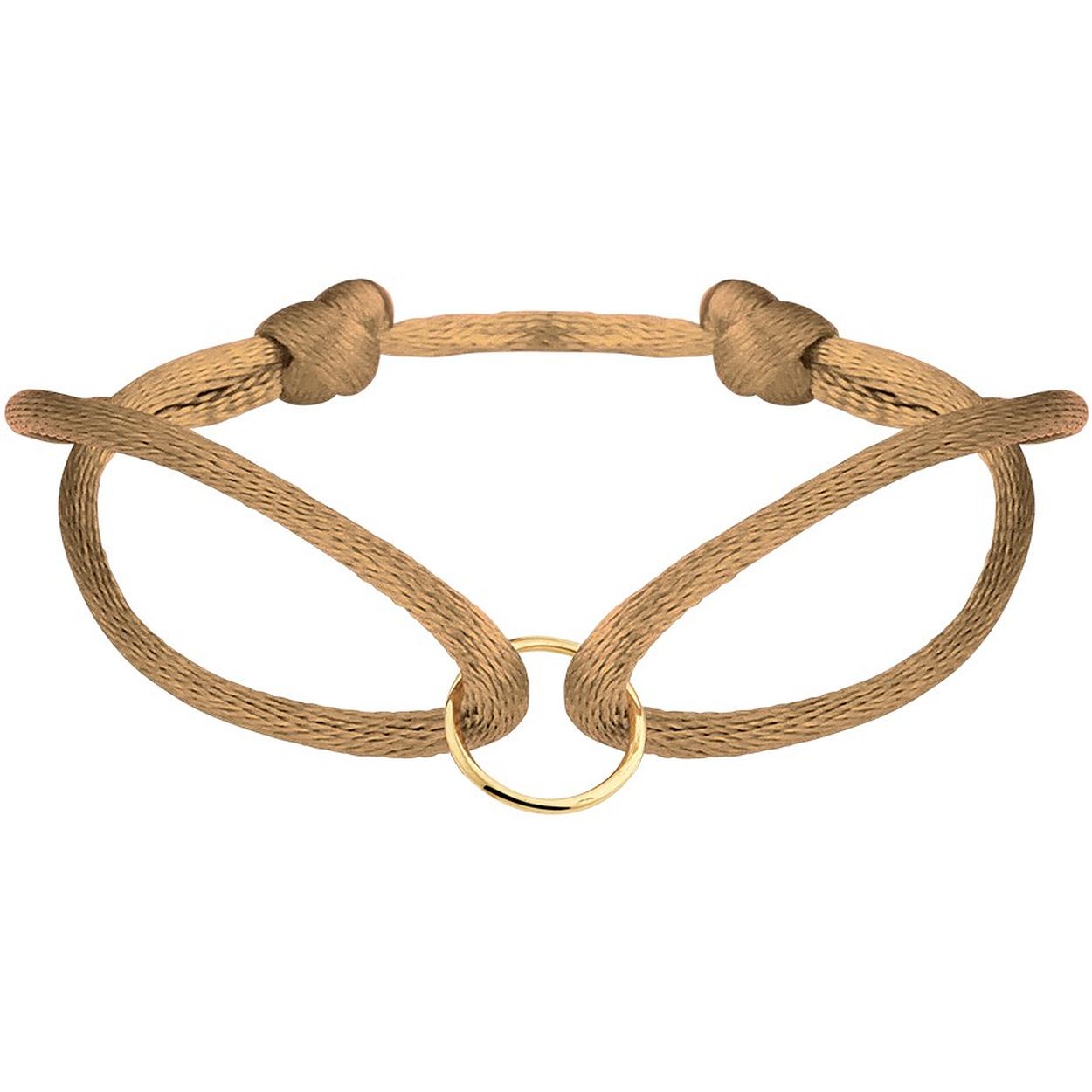 Caramel gevlochten armband uitgevoerd met een 14k geelgouden rondje. De armband heeft draaglengtes van 13 tot 26cm. Het rondje heeft een diameter van 10mm.