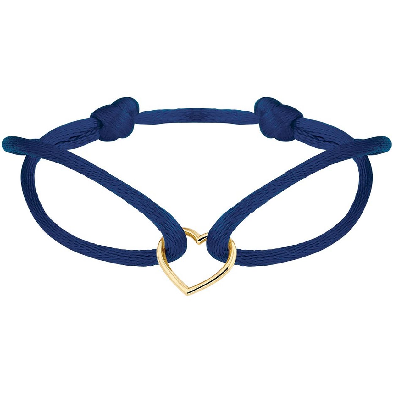 Donkerblauw gevlochten armband uitgevoerd met een 14k geelgouden hartje. De armband heeft draaglengtes van 13 tot 26cm. Het hartje heeft een afmeting van 10x11.5mm.