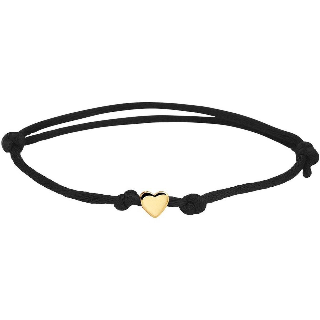 Zwart gevlochten armband met 14k geelgouden hanger in de vorm van een hart. De armband heeft draaglengtes van 11 tot 19cm. Het hartje heeft een afmeting van 5x5.5mm.
