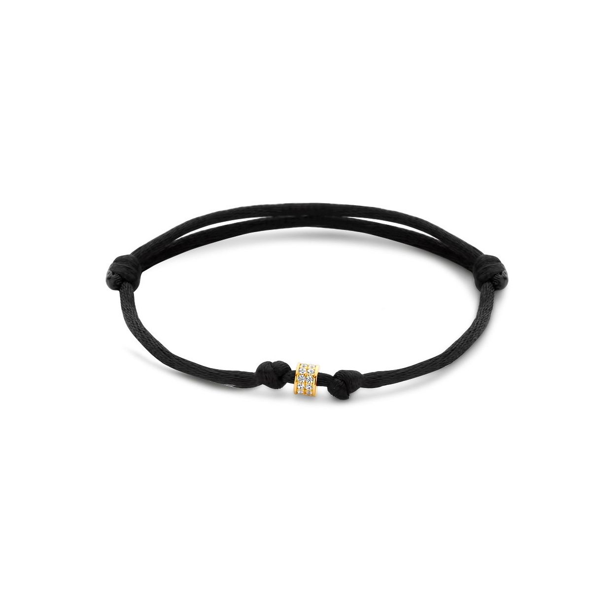 Zwart gevlochten armband uitgevoerd met een 14k geelgouden element met daarin een schitterend zirkonia vlak. De armband heeft draaglengtes van 13 tot 26cm. Het element heeft een afmeting van 4.5x3mm.