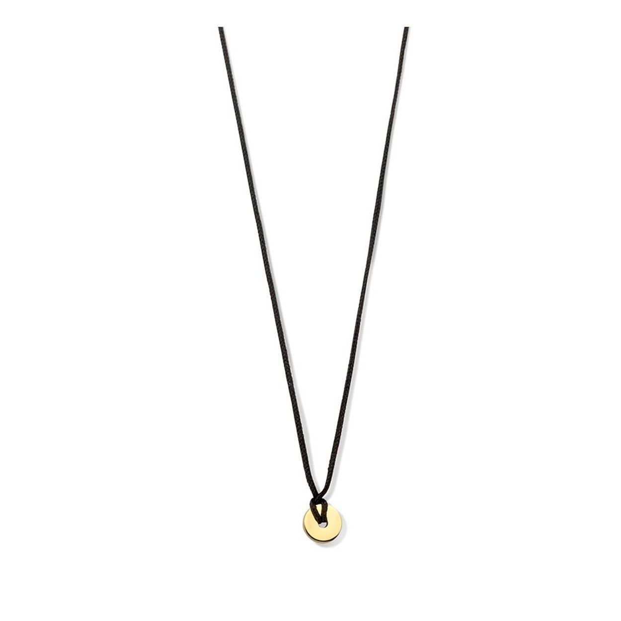 Zwart katoenen collier uitgevoerd met een 14k geelgouden rondje. Het collier heeft een verstelbare lengte tot 60cm. Het rondje heeft een diameter van 6.5mm.