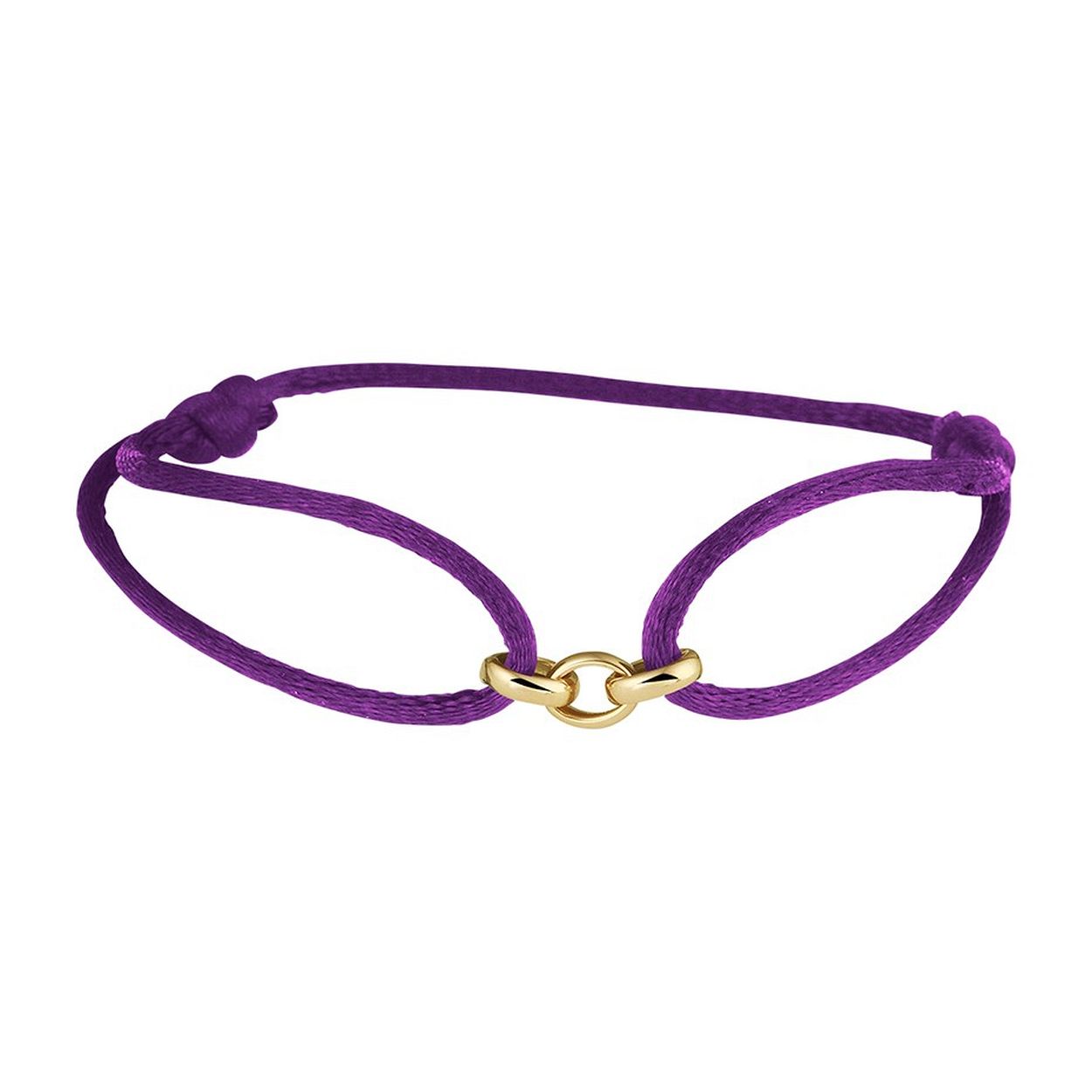 Paars gevlochten armband met een 14k geelgouden element. De armband heeft draaglengtes van 13 tot 26cm en een breedte van 5mm.