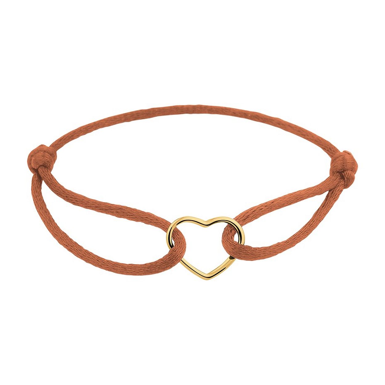 Roestbruin gevlochten armband uitgevoerd met een 14k geelgouden hartje. De armband heeft draaglengtes van 13 tot 26cm. Het hartje heeft een afmeting van 10x11.5mm.
