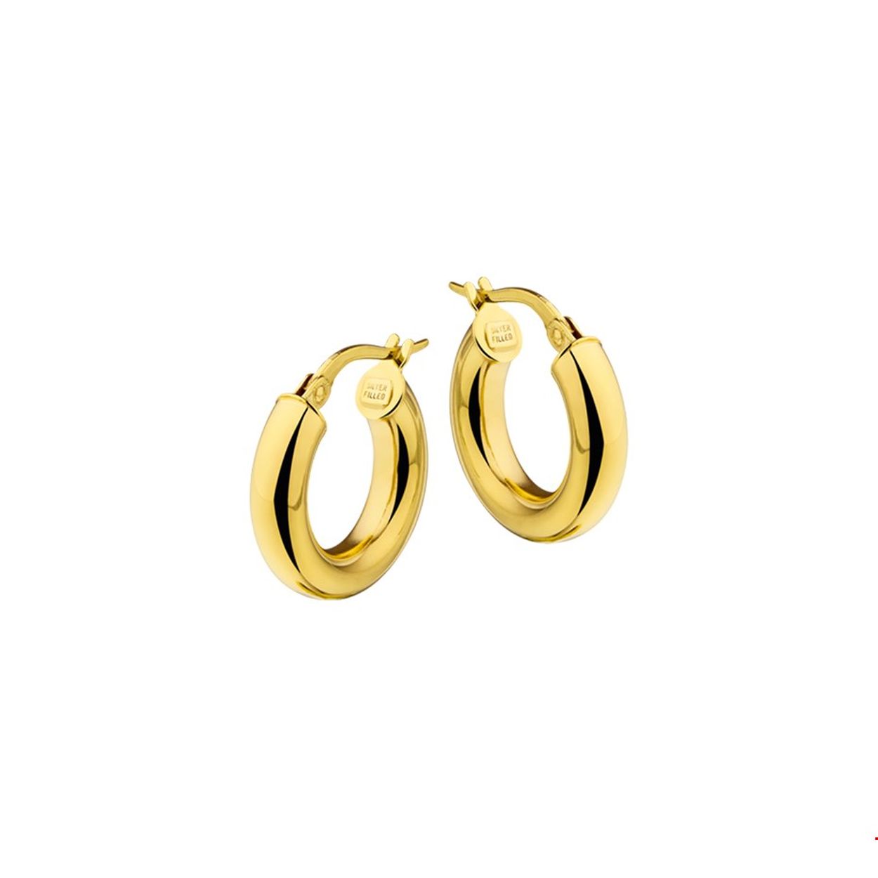 Beschrijving: Sieraden van 14 karaat goud met daarin een kern van 925 zilver. Geelgouden creolen met een hefboom-sluiting.