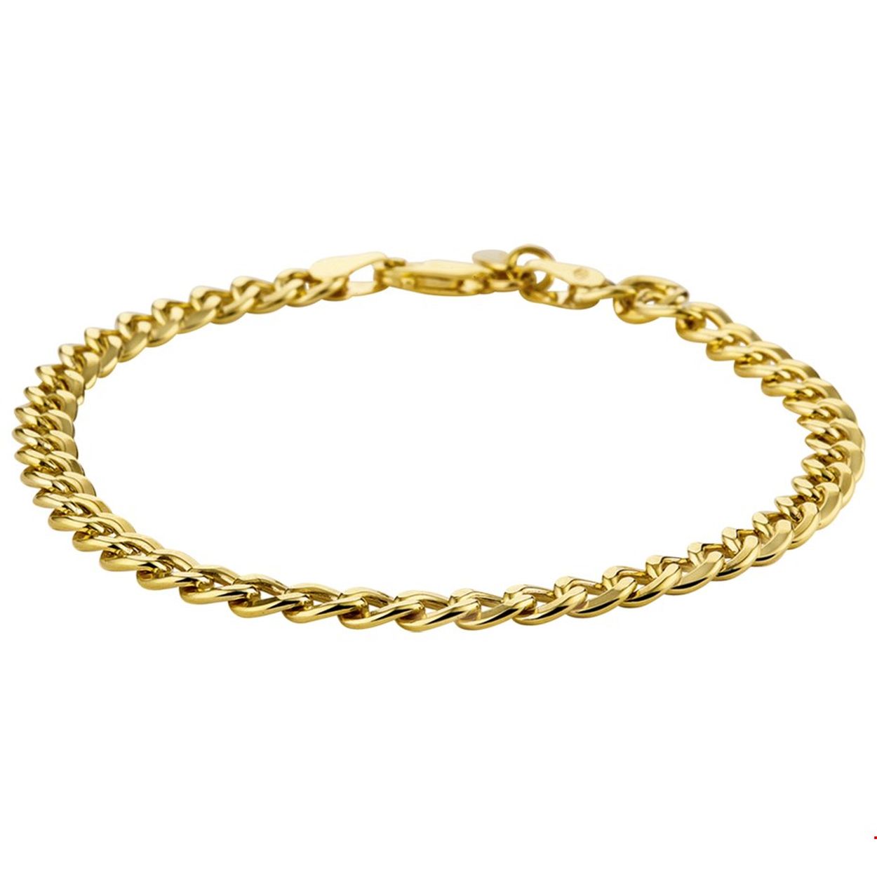Beschrijving: Sieraden van 14 karaat goud met daarin een kern van 925 zilver. Geelgouden armband met geslepen gourmet schakel. 
Doelgroep: heren
Breedte: 5 mm
Langste lengte: 19 cm