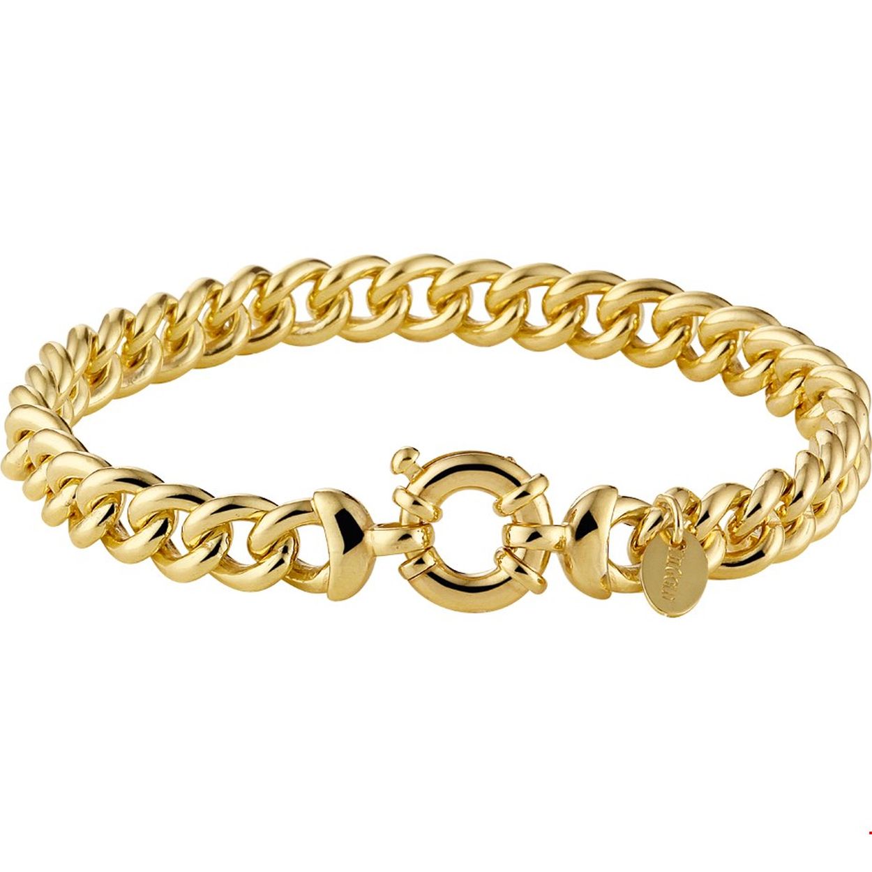 Beschrijving: Sieraden van 14 karaat goud met daarin een kern van 925 zilver. Geelgouden armband met gourmet schakel. 
Verpakt per: 1
Doelgroep: dames
Breedte: 7 mm
Langste lengte: 19.5 mm