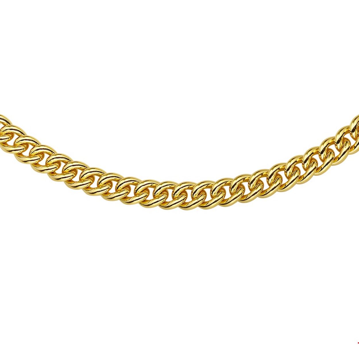 Beschrijving: Sieraden van 14 karaat goud met daarin een kern van 925 zilver. Geelgouden collier met gourmet schakel. 
Verpakt per: 1
Doelgroep: dames
Breedte: 7 mm
Langste lengte: 45 mm