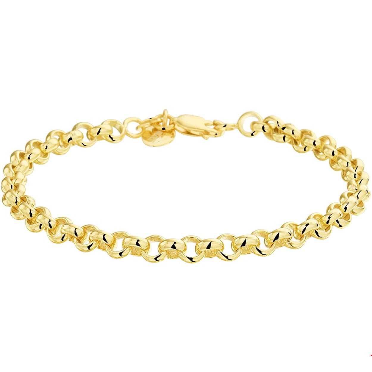 Sieraad van 14 karaat goud met daarin een kern van 925 zilver. Geelgouden armband met jasseron schakel. 
Breedte: 5 mm
Langste lengte: 19 mm