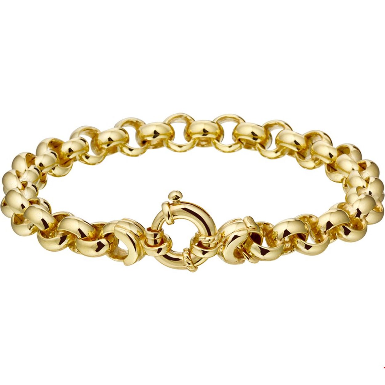 Beschrijving: Sieraden van 14 karaat goud met daarin een kern van 925 zilver. Geelgouden armband met jasseron schakel. 
Verpakt per: 1
Doelgroep: dames
Breedte: 8 mm
Langste lengte: 20 mm