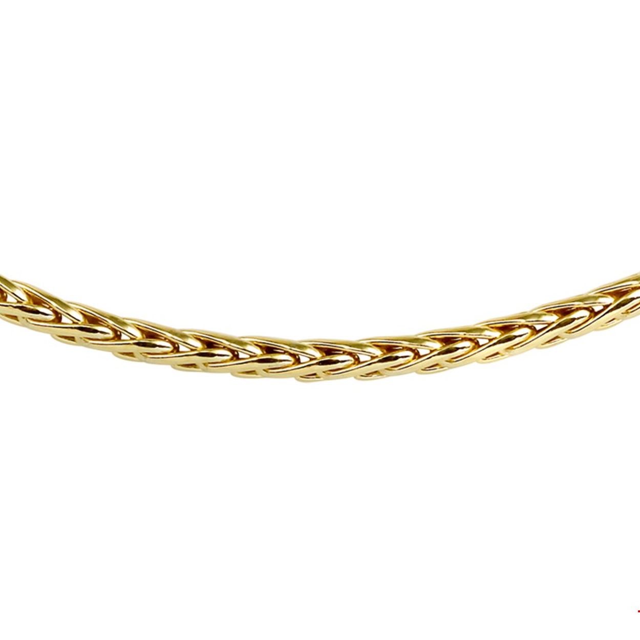 Sieraden van 14 karaat goud met daarin een kern van 925 zilver. Geelgouden collier met vossenstaart schakel. 
Doelgroep: dames
Breedte: 4 mm
Langste lengte: 45 cm