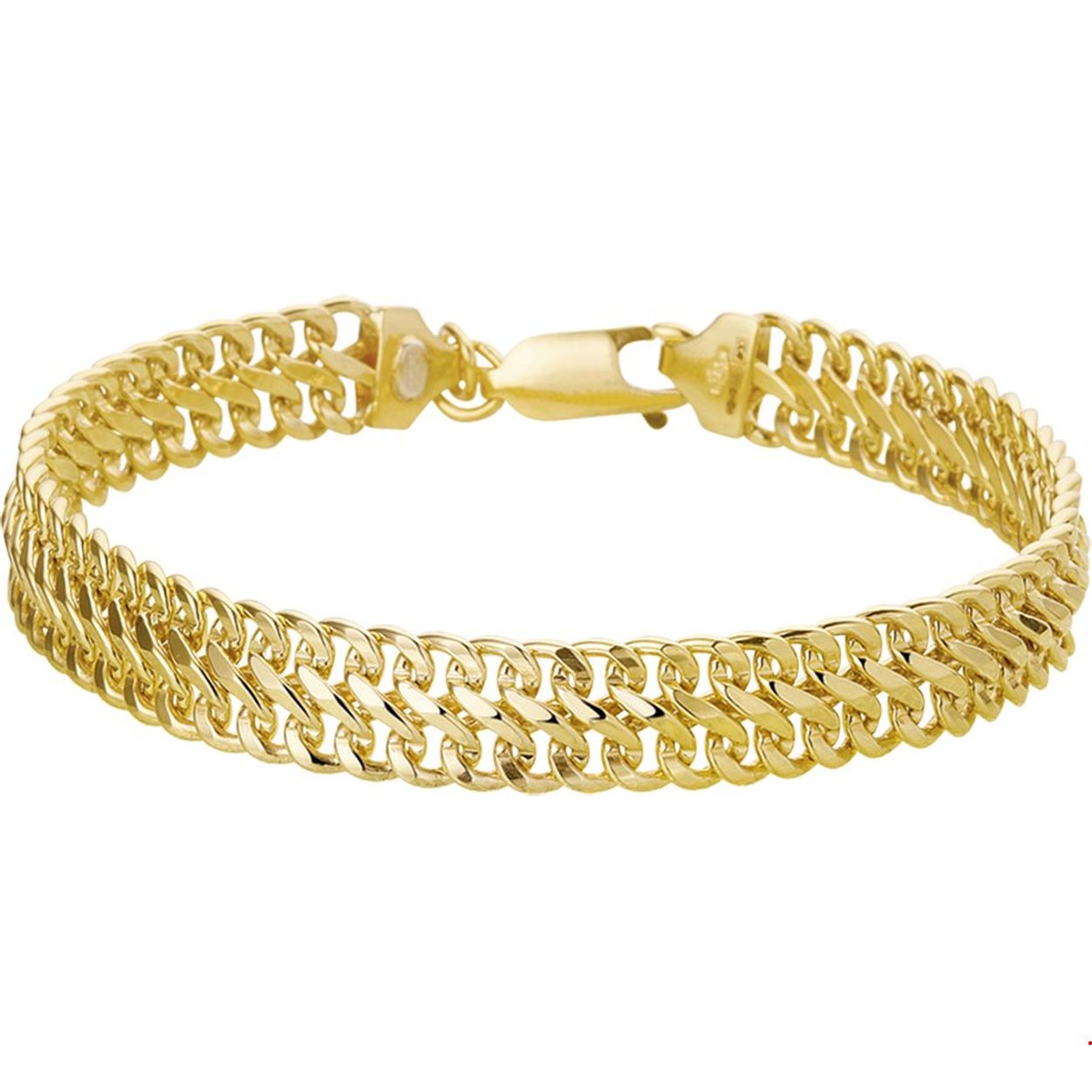 Sieraden van 14 karaat goud met daarin een kern van 925 zilver. Geelgouden armband met dubbel gourmette schakel. De schakelbreedte is 8.0mm.