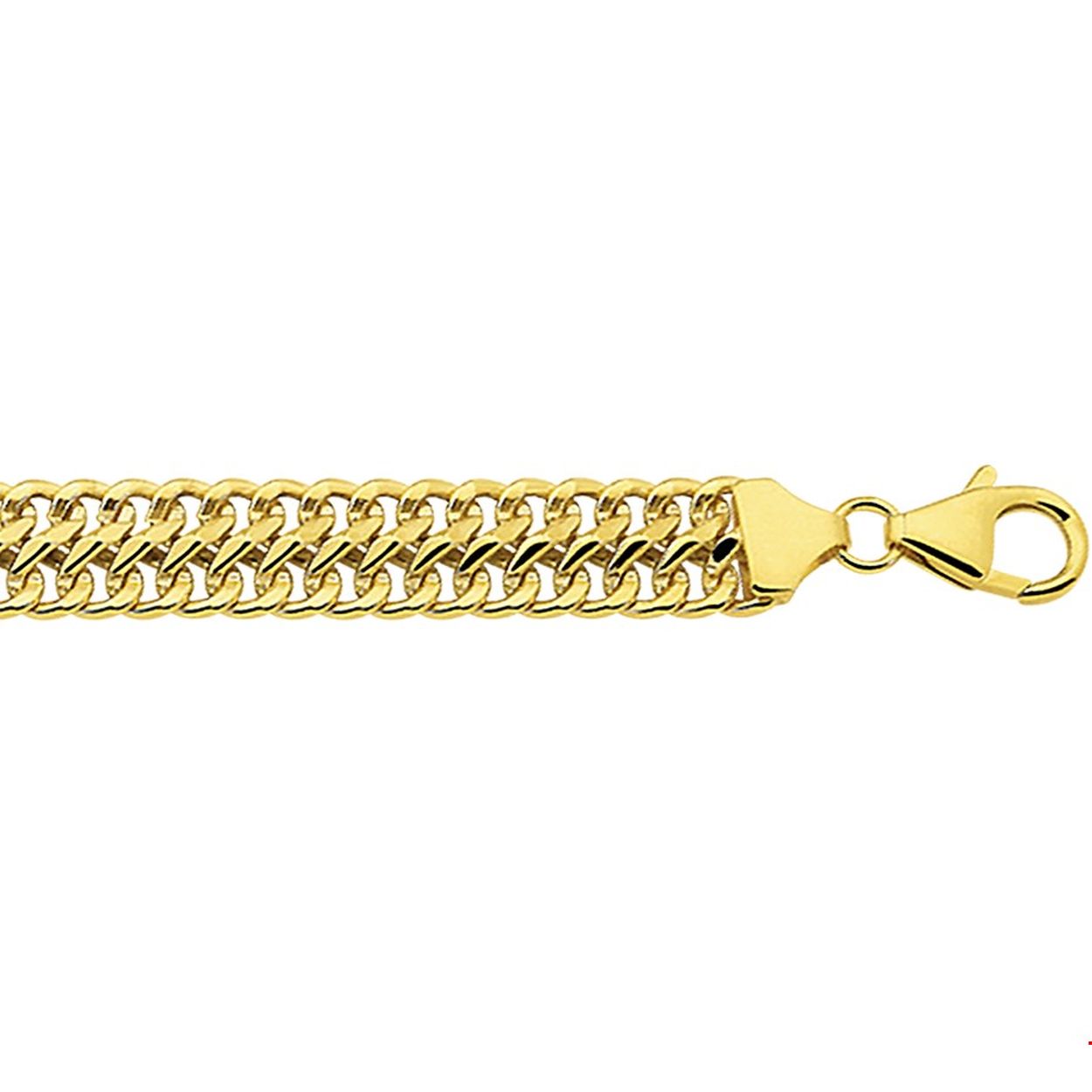 Beschrijving: Sieraden van 14 karaat goud met daarin een kern van 925 zilver. Geelgouden armband met dubbele gourmet schakel. 

Breedte: 8 mm
Langste lengte: 21 cm
