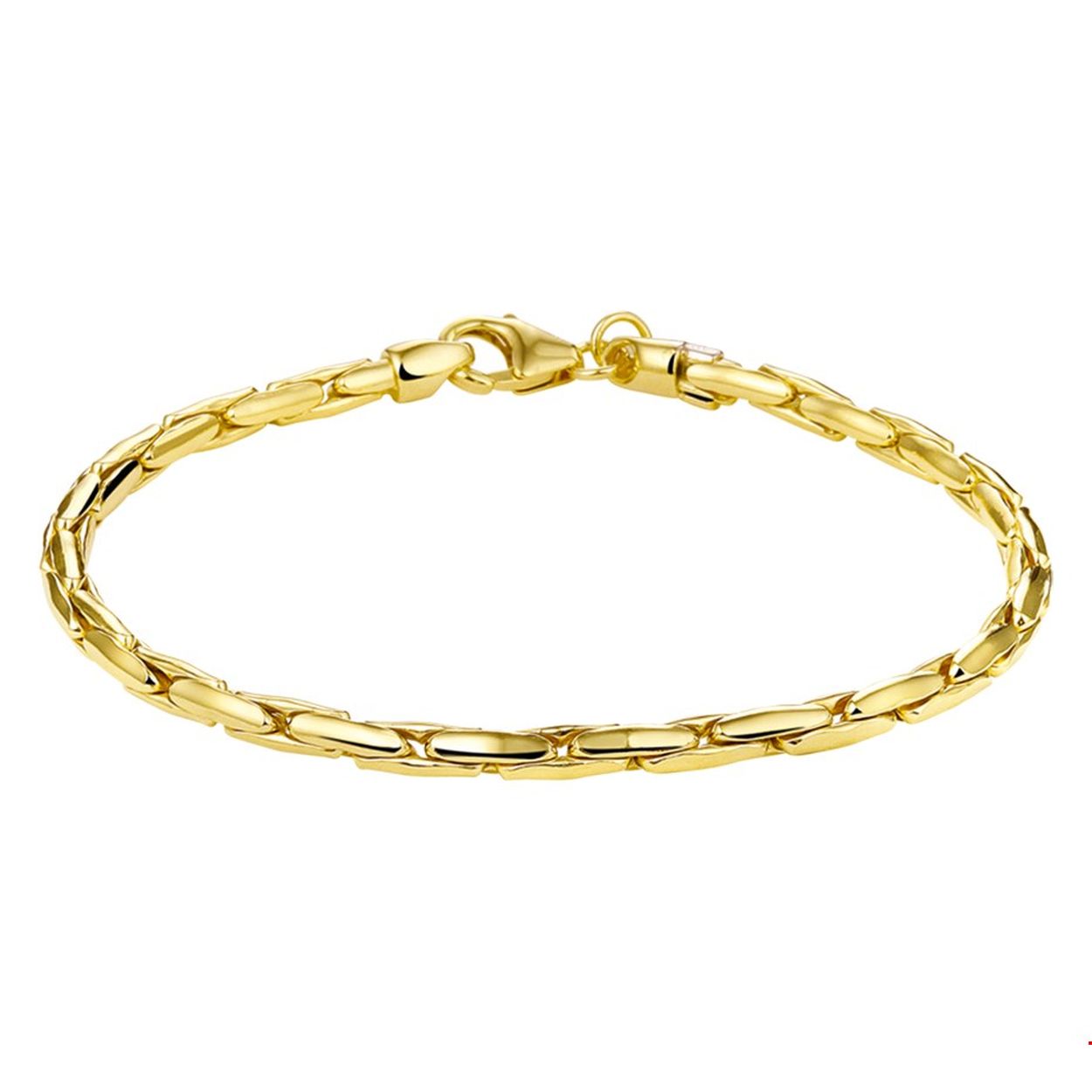 Beschrijving: Sieraden van 14 karaat goud met daarin een kern van 925 zilver. Geelgouden choker armband. 
Verpakt per: 1
Doelgroep: dames
Breedte: 3 mm
Langste lengte: 19 mm