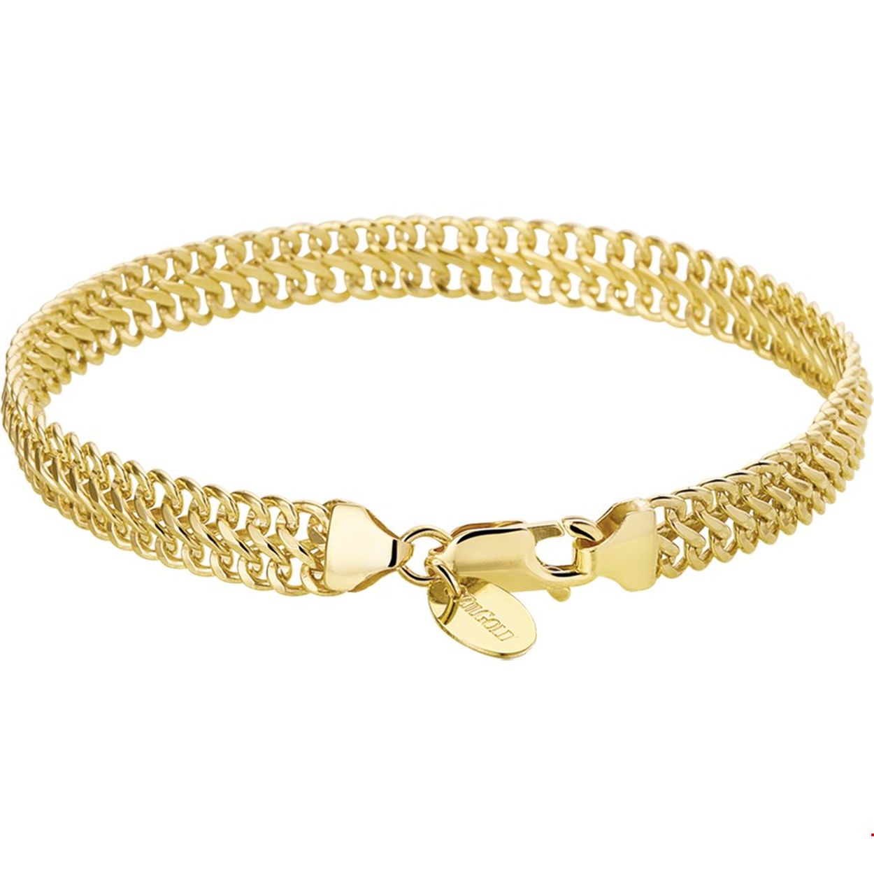 Beschrijving: Sieraden van 14 karaat goud met daarin een kern van 925 zilver. Geelgouden armband met dubbele gourmet schakel. 
Uniekenummer serie: 33272
Verpakt per: 1
Doelgroep: dames
Breedte: 6.5 mm
Langste lengte: 20 mm