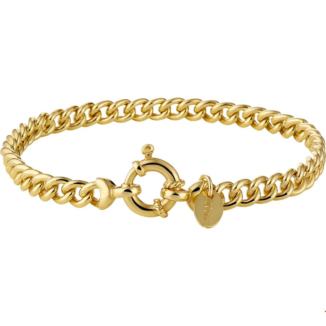 Beschrijving: Sieraden van 14 karaat goud met daarin een kern van 925 zilver. Geelgouden armband met gourmet schakel. 

Doelgroep: dames
Breedte: 5.5 mm
Langste lengte: 18.5 mm