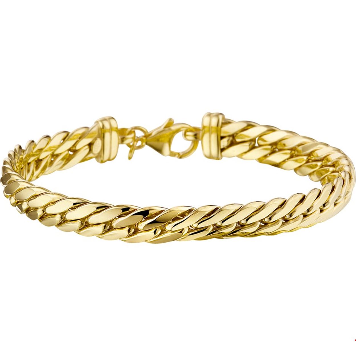 Beschrijving: Sieraden van 14 karaat goud met daarin een kern van 925 zilver. Geelgouden armband met gourmet schakel. 
Uniekenummer serie: 33640
Verpakt per: 1
Doelgroep: dames
Breedte: 8 mm
Langste lengte: 19 mm