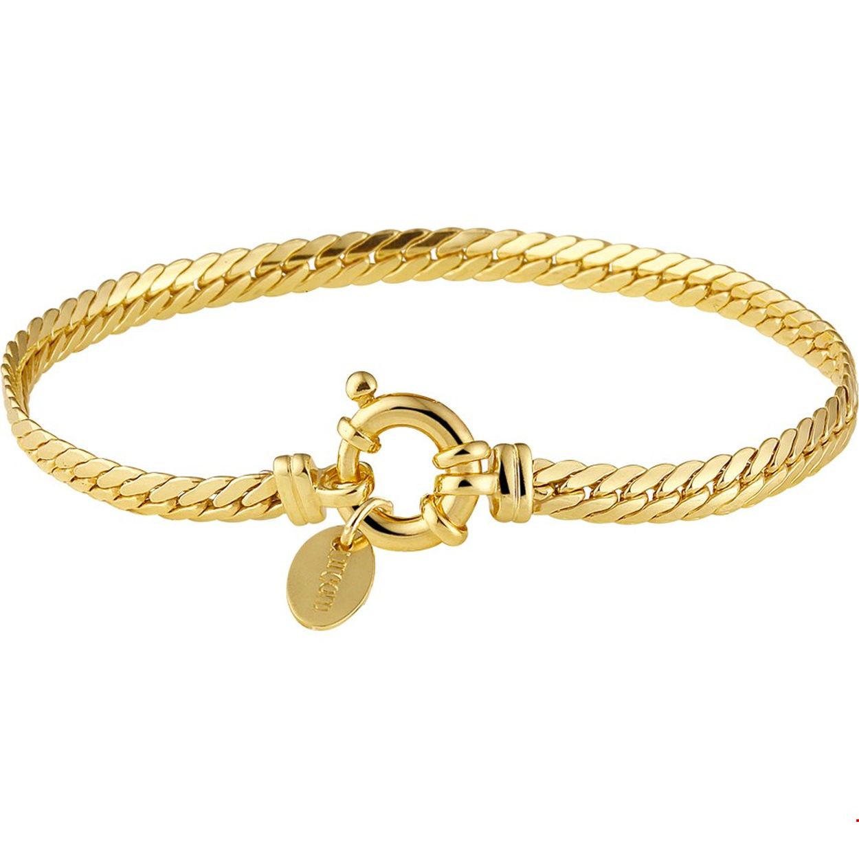 Beschrijving: Geelgouden armband met een zilveren kern.
Verpakt per: 1
Doelgroep: dames
Breedte: 4.4 mm
Langste lengte: 19 mm