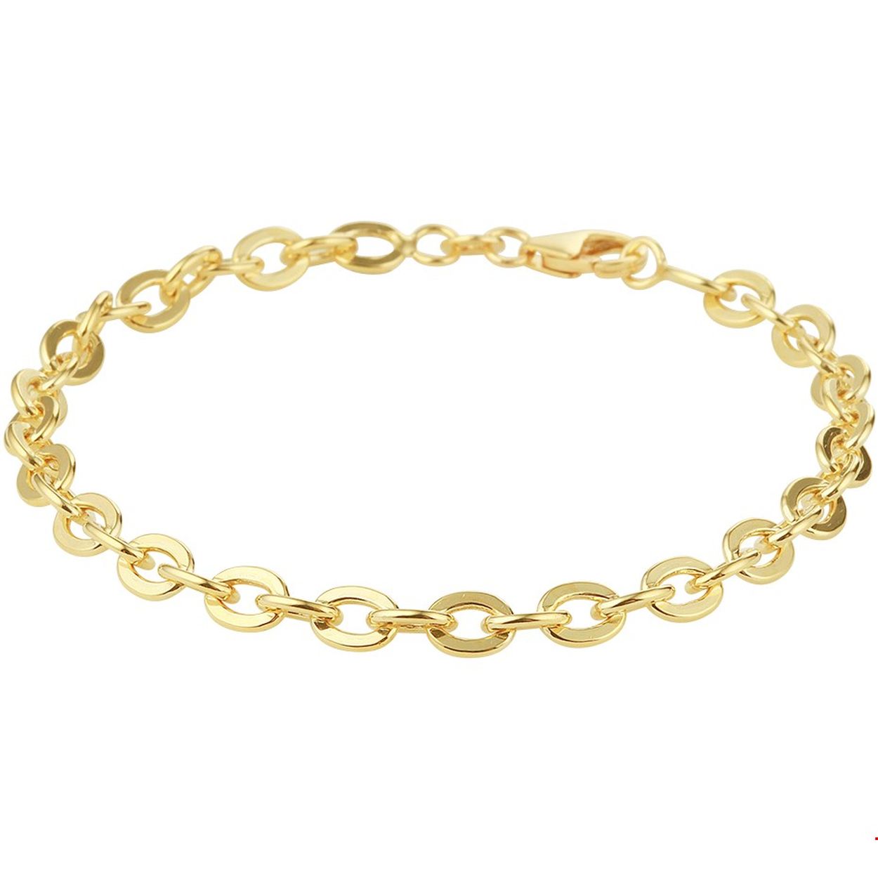 Beschrijving: Sieraden van 14 karaat goud met daarin een kern van 925 zilver. Geelgouden armband met een draaglengte van 19cm en een schakelbreedte van 5mm. Uitgevoerd met een karabijn sluiting.