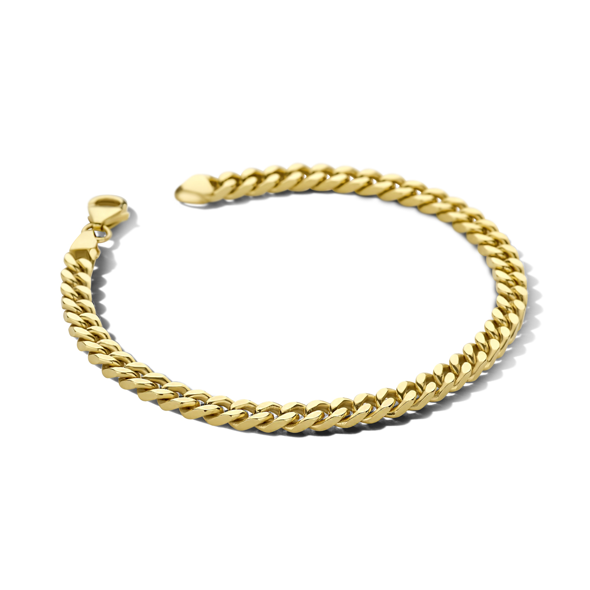 14krt Geelgoud met 925 zilveren kern armband. De armband heeft draaglengte 19cm.
Breedte: 4,5mm