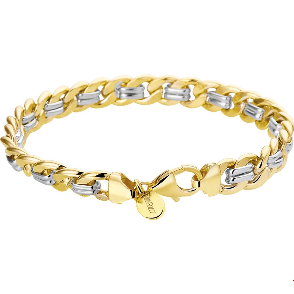 Beschrijving: Sieraden van 14 karaat goud met daarin een kern van 925 zilver. Bicolor wit- en geelgouden armband met gourmet schakel. 
Uniekenummer serie: 32486
Verpakt per: 1
Doelgroep: dames
Breedte: 8 mm
Langste lengte: 19 mm